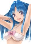  1girl armpits arms_up bikini blue_hair blush breasts kawashima_ami long_hair mokkosu. open_mouth simple_background smile solo swimsuit toradora! underboob violet_eyes white_background white_bikini white_swimsuit 