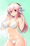  1girl bikini blush breasts headphones hiro1984 large_breasts long_hair looking_at_viewer navel nitroplus open_mouth pink_eyes pink_hair solo super_sonico swimsuit 