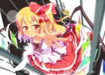  1girl birdcage blonde_hair blush bow cage fang flandre_scarlet hair_bow lock looking_at_viewer open_mouth outstretched_arm outstretched_hand padlock red_eyes shirt side_ponytail skirt solo touhou wings yuimari 
