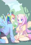  2girls animal_ears bangs blue_eyes blush curly_hair dress flower fluttershy grass holding hooves horse_ears humbertw jumper kneeling long_hair looking_at_another multicolored_hair multiple_girls my_little_pony my_little_pony_friendship_is_magic open_mouth parted_bangs pink_hair ponytail rainbow_dash rainbow_hair red_eyes sitting sky smile tail thighhighs tree wariza wings yuri 