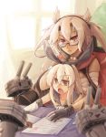  2girls blonde_hair breasts budget_sarashi dark_skin elbow_gloves fingerless_gloves glasses gloves hairband hand_on_own_face headgear kantai_collection long_hair multiple_girls musashi_(kantai_collection) open_mouth personification red_eyes rensouhou-chan ryuushou sarashi shimakaze_(kantai_collection) twintails 