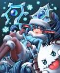  1girl alternate_costume blue_eyes blue_hair blush boots braid coat fur_trim hat horns league_of_legends long_hair lulu_(league_of_legends) luumia open_mouth pantyhose pointy_ears poro_(league_of_legends) smile snowflakes staff tongue tongue_out twin_braids very_long_hair violet_eyes winter_clothes 
