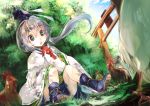  1girl animal_on_lap bird blue_sky boots chicken clouds forest grey_eyes hat hat_ribbon long_hair long_sleeves makuwauri mononobe_no_futo nature open_mouth ponytail ribbon shirt silver_hair sitting skirt sky solo torii touhou very_long_hair wide_sleeves 