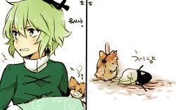  2girls animalization brown_hair chibi green_eyes green_hair multiple_girls short_hair six_(fnrptal1010) soga_no_tojiko touhou toyosatomimi_no_miko translation_request 