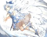  1girl adapted_costume backless blue_eyes blue_hair bow cirno covering_mouth dress fancybetty hair_bow hand_over_own_mouth high_heels ice ice_wings looking_at_viewer looking_back ribbon short_hair solo touhou wings 