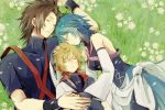  1girl 2boys aqua_(kingdom_hearts) blonde_hair blue_hair brown_hair closed_eyes detached_sleeves fingerless_gloves gloves kingdom_hearts kingdom_hearts_birth_by_sleep mayahe multiple_boys short_hair sleeping terra_(kingdom_hearts) ventus wristband 