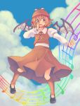  1girl animal_ears blue_sky blush clouds hand_to_own_mouth hat highres leg_warmers musical_note mystia_lorelei open_mouth red_eyes redhead short_hair sky solo touhou wings 