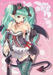  1girl armpits candy choker corset demon_tail detached_sleeves garter_straps green_hair hat hatsune_miku highres horns licking lollipop long_hair looking_at_viewer mini_top_hat nail_polish pink_background pointy_ears skirt solo tail thighhighs tongue top_hat toumin twintails umbrella violet_eyes vocaloid wings 