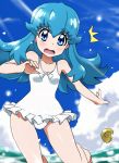  1girl :o blue_eyes blue_hair happinesscharge_precure! highres long_hair payot precure shell shirayuki_hime solo surprised water white_swimsuit yumekaranigeruna 