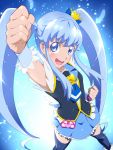 1girl blue blue_background blue_eyes blue_hair blue_legwear blue_skirt blush boots clenched_hands crown cure_princess eyelashes foreshortening hair_ornament hair_ribbon happinesscharge_precure! happy jewelry long_hair looking_at_viewer magical_girl open_mouth precure raised_fist ribbon shirayuki_hime shirt skirt solo thighhighs thighs tj-type1 twintails wrist_cuffs zettai_ryouiki 