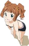  1girl brown_hair from_above green_eyes hands_on_knees idolmaster leaning_forward looking_at_viewer open_mouth simple_background solo takatsuki_yayoi twintails umanosuke white_background 