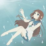  1girl barefoot blue_eyes brown_hair long_hair mukaido_manaka nagi_no_asukara niko_(kusukusu.) sailor_dress school_uniform serafuku sinking tears underwater 