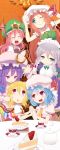  blonde_hair blue_eyes blue_hair bow braid crescent flandre_scarlet hair_bow hands_together hat hat_bow head_wings highres hong_meiling izayoi_sakuya koakuma kuresento maid_apron maid_headdress orange_hair patchouli_knowledge purple_hair red_eyes redhead remilia_scarlet shortcake silver_hair smile touhou twin_braids violet_eyes wink 