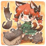  &gt;_&lt; 1girl animal_ears black_cat blush braid cat cat_ears cat_tail closed_eyes fang kaenbyou_rin long_hair lowres multiple_tails open_mouth rebecca_(keinelove) redhead smile solid_oval_eyes tail touhou twintails wagon |_| 