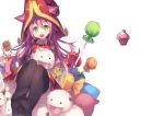  1girl animal_ears black_legwear candy candy_jar cat_ears dress fang fred04142 green_eyes hat horns kedama league_of_legends lollipop long_hair looking_at_viewer lulu_(league_of_legends) muffin open_mouth pink_hair red_dress simple_background sitting smile solo thighhighs very_long_hair white_background 