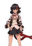  &gt;:( 1girl bare_legs black_hair blue_eyes blush hand_on_hip kill_la_kill looking_at_viewer matoi_ryuuko multicolored_hair open_clothes open_jacket redhead scissor_blade short_hair single_glove solo taketake09190920 two-tone_hair white_background 