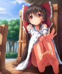  1girl bare_shoulders barefoot blue_sky bow brown_eyes brown_hair clouds detached_sleeves dress feet forest hair_bow hair_tubes hakurei_reimu long_hair long_sleeves matokechi nature red_dress simple_background sitting sky soles solo toes touhou very_long_hair wide_sleeves 
