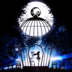  2girls akemi_homura birdcage cage chair full_moon gears harada_miyuki highres kaname_madoka kyubey magical_girl mahou_shoujo_madoka_magica moon multiple_girls silhouette star starry_background tree 