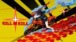  1girl arsenixc black_hair highres kill_la_kill matoi_ryuuko motor_vehicle motorcycle multicolored_hair scissor_blade shoes short_hair single_glove skirt sneakers solo streaked_hair vehicle weapon 