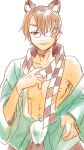  1boy animal_ears brown_eyes brown_hair checkered futatsuiwa_mamizou genderswap glasses hair_ornament hairclip hand_on_hip highres leaf leaf_hair_ornament open_clothes pince-nez raccoon_ears scarf shirane_koitsu smile touhou 