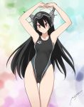  1girl bare_shoulders black_hair blush breasts competition_swimsuit hairband headgear kantai_collection long_hair nagato_(kantai_collection) onaya_masakazu one-piece_swimsuit personification red_eyes solo swimsuit 