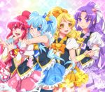  0417nao 4girls aino_megumi blonde_hair blue_eyes blue_hair blush bow cure_fortune cure_honey cure_lovely cure_princess happinesscharge_precure! heart hikawa_iona holding_hands magical_girl multiple_girls oomori_yuuko open_mouth pink_eyes pink_hair ponytail precure purple_hair shirayuki_hime skirt smile thighhighs twintails violet_eyes wink yellow_eyes 