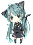  1girl absurdly_long_hair ahoge animal_ears bell cat_ears cat_tail chibi dress gloves green_eyes green_hair hatsune_miku jingle_bell long_hair solo tail twintails very_long_hair vocaloid white_background 