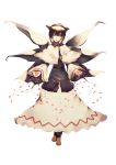  1girl alternate_hairstyle belt blonde_hair blue_eyes boots capelet dress fairy fairy_wings full_body hat highres lily_white long_sleeves looking_down multiple_wings petals shori_bun short_hair simple_background smile solo touhou white_background white_dress wide_sleeves wings 