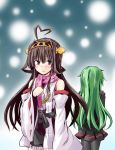  2girls ahoge bare_shoulders blush cold detached_sleeves green_hair grey_eyes hair_ornament ichimi japanese_clothes kantai_collection kongou_(kantai_collection) long_hair multiple_girls nagatsuki_(kantai_collection) personification sash scarf school_uniform serafuku smile snowing winter 