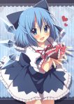  1girl blue_dress blue_eyes blue_hair blush chocolate chocolate_heart cirno dress fang gift hair_bun heart ice ice_wings looking_at_viewer oniku_(shimofuri-ke) open_mouth puffy_sleeves shirt short_sleeves smile solo striped striped_background touhou valentine wings 