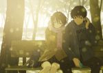  1boy 1girl bag bench brown_eyes brown_hair earphones goke_shike_(altamira05) original plaid plaid_skirt scarf school_bag short_hair sitting skirt sunlight tree winter winter_clothes 