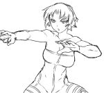  1girl bare_shoulders blush breasts cleavage fighting_stance final_fantasy final_fantasy_tactics frown large_breasts monk monk_(fft) monochrome open_mouth short_hair simple_background sketch solo tsukudani_(coke-buta) unitard white_background 
