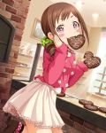  1girl artist_request brown_hair chocolate chocolate_heart drill_hair fang food food_on_face heart idolmaster idolmaster_cinderella_girls official_art oohara_michiru pink_eyes skirt 