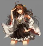  1girl ahoge bare_shoulders blush breasts brown_eyes brown_hair detached_sleeves double_bun hair_ornament hairband headgear highres japanese_clothes kantai_collection kongou_(kantai_collection) long_hair nontraditional_miko open_mouth personification ruukii_drift skirt smile solo 
