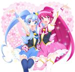  2girls aino_megumi blue_eyes blue_hair blue_legwear blue_skirt blush boots crown cure_lovely cure_princess earrings eyelashes happinesscharge_precure! happy highres jewelry long_hair looking_at_viewer magical_girl multiple_girls open_mouth pink_eyes pink_hair pink_skirt ponytail precure puffy_sleeves shirayuki_hime shirt skirt smile sorakase_sawa thigh_boots thighhighs thighs twintails white_legwear wrist_cuffs zettai_ryouiki 