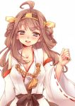  1girl ahoge blush breasts brown_hair cleavage detached_sleeves hairband headgear japanese_clothes kantai_collection kongou_(kantai_collection) long_hair looking_at_viewer open_mouth personification simple_background smile solo tobi_(one) white_background wide_sleeves 