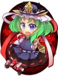  1girl blue_eyes chibi flower green_hair hat iwasa_kasumi pointing rod_of_remorse shikieiki_yamaxanadu solo spider_lily touhou 