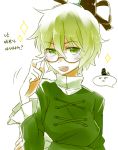  bespectacled fang glasses green_eyes green_hair hat semi-rimless_glasses short_hair six_(fnrptal1010) soga_no_tojiko solo tate_eboshi touhou under-rim_glasses 