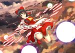  1girl bare_shoulders black_hair bow danmaku detached_sleeves gmot hair_bow hair_tubes hakurei_reimu ofuda outstretched_hand ponytail red_eyes sky solo touhou 
