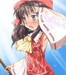  1girl armpits ascot blush bow brown_eyes brown_hair commentary_request detached_sleeves dripping flx hair_bow hakurei_reimu hot long_hair open_mouth sweat sweat_stain sweating sweating_profusely touhou wet wet_clothes wiping_sweat 