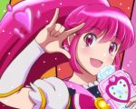  1girl \m/ aino_megumi blush cure_lovely happinesscharge_precure! heart looking_at_viewer open_mouth pink_eyes pink_hair precure solo terumin_(yuganda_sebone) 