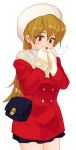  1girl artist_request bag blonde_hair brown_eyes coat earrings handbag hat jewelry long_hair mittens skirt solo tenjouin_asuka yuu-gi-ou yuu-gi-ou_gx 