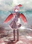  1girl black_legwear book boots bow frills full_body head_wings horns lavender_hair long_sleeves looking_at_viewer multicolored_hair neme open_book pantyhose puffy_sleeves red_eyes shirt short_hair silver_hair skirt smile solo tokiko_(touhou) touhou turtleneck two-tone_hair white_shirt wide_sleeves wings 