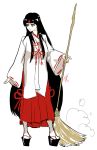  1girl black_hair blue_eyes broom headband highres japanese_clothes long_hair long_skirt miko platform_footwear queen&#039;s_blade skirt solo tomoe triple-q very_long_hair wide_sleeves 