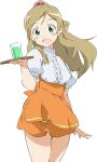  1girl blush green_eyes long_hair looking_at_viewer minamino_kanade open_mouth precure simple_background skirt smile solo suite_precure umanosuke waitress white_background 