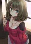  1girl breasts brown_hair chocolate cleavage green_eyes heart heart_necklace idolmaster idolmaster_cinderella_girls jewelry light_smile looking_at_viewer maou mole necklace short_hair solo takagaki_kaede 