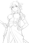  1girl breasts from_below hand_on_hip highres leafa lineart monochrome pointy_ears ponytail shinjiro solo sword sword_art_online weapon 
