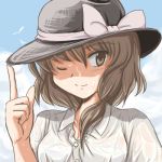  1girl brown_eyes brown_hair flx hat lowres short_hair smile solo sweat sweating touhou usami_renko wet wet_clothes wink 