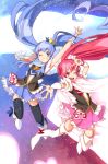  2girls boots cape crown cure_lovely cure_princess earrings happinesscharge_precure! highres jewelry multiple_girls peace_symbol ponytail precure ribbon skirt sky star_(sky) starry_sky thighhighs twintails ushiki_yoshitaka zettai_ryouiki 