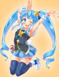  1girl arms_up blue_eyes blue_hair blue_legwear blush crown cure_princess happinesscharge_precure! long_hair magical_girl mamedenkyuu_(berun) open_mouth precure shirayuki_hime skirt solo thighhighs twintails wink 